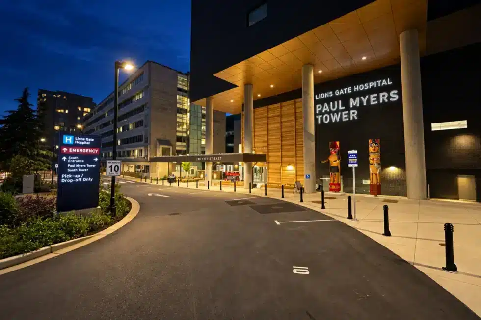 Illuminated channel letter signage and exterior pylon sign at Lions Gate Hospital in North Vancouver.
