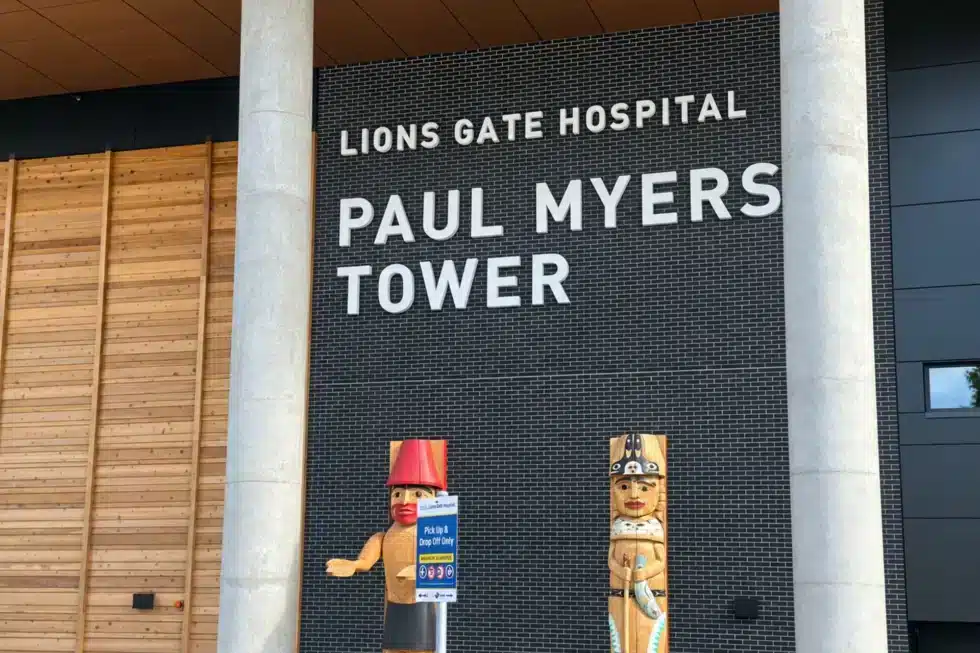 Exterior Illuminated channel letter signage at Lions Gate Hospital in North Vancouver.