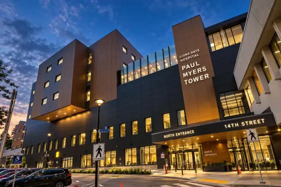 Exterior Illuminated channel letter signage of North entrance at Lions Gate Hospital in North Vancouver.