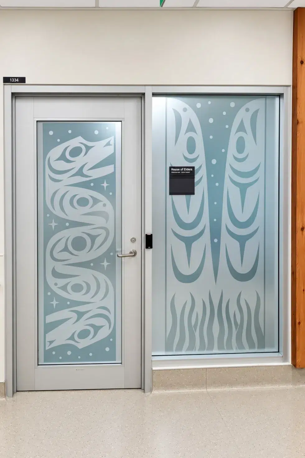 Transparent window vinyl graphics installed on interior glass at Lions Gate Hospital in North Vancouver.