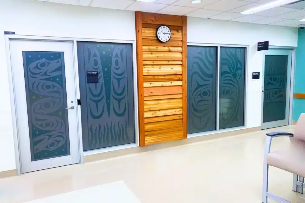 Transparent window vinyl graphics installed on interior glass at Lions Gate Hospital in North Vancouver.